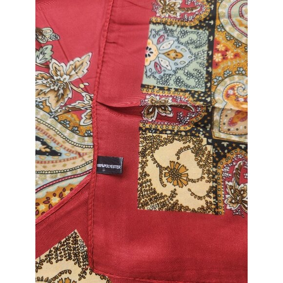 Square Silk Scarf Red With Ornate Paisley Floral Print 27.5 inch Square Wild Rag - Picture 7 of 16